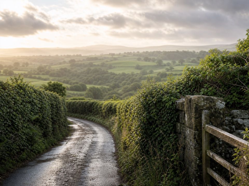 A quiet country lane winding between green hedges towards rolling fields in soft morning light